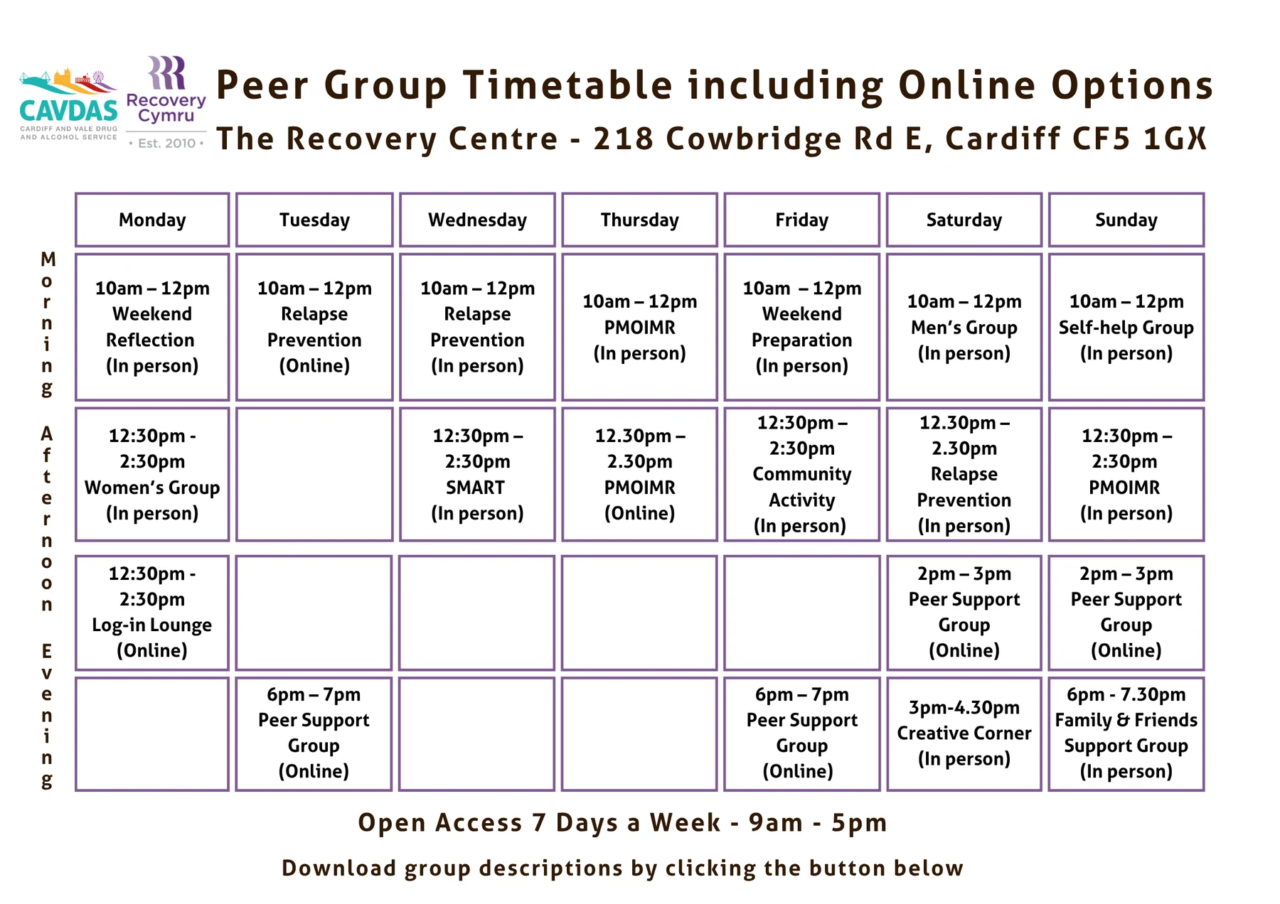 Recovery Cymru peer group timetable including online options for 2026